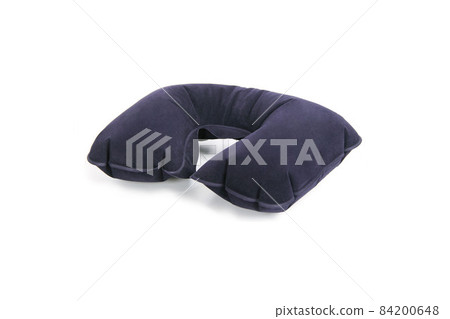 Neck Pillow isolated on white background. Blue u shape travel pillow. Top view of airplane or road inflatable device for long way trips to support you neck when sleeping. 84200648