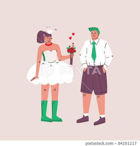 Wedding of young men and women. Bride and groom in a suit and holding flowers, wedding anniversary. Punk style wedding dresses. Cute vector isolated illustrations. 84201217
