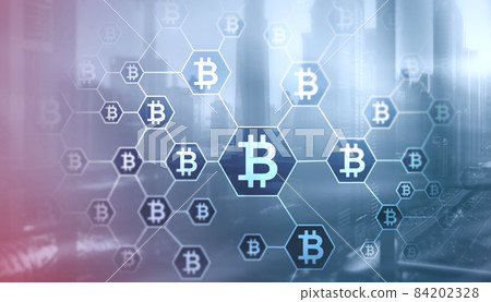 Double exposure of creative Bitcoin symbol hologram on Hong Kong skyscrapers background 84202328
