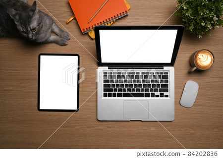 Mock up digital tablet, laptop computer and lovely cat on wooden table. Mock up digital tablet, laptop computer and lovely cat on wooden table. 84202836