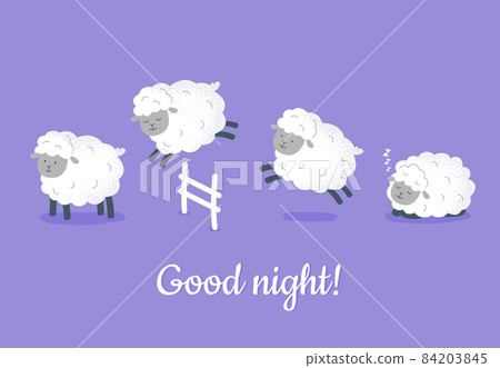 Cute sheep are jumping over the fence. Count sheep before bed concept. Vector flat illustration. Cute sheep are jumping over the fence. Count sheep before bed concept. Vector flat illustration. 84203845
