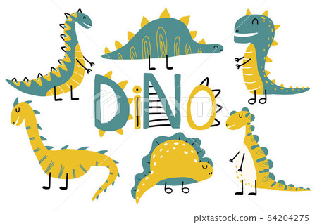 Vector kids set of cute dinosaurs. Drawn dino. Dinosaurs in green and yellow colors. Vector kids set of cute dinosaurs. Drawn dino. Dinosaurs in green and yellow colors. 84204275