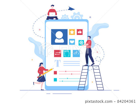 UI & UX Programmer Flat Design Vector Illustration for Business Information and Team Sharing Ideas with Designer, Coding, Interface or Software App Development 84204361