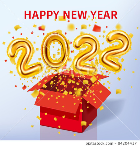Happy New Year 2022 realistic golden decoration balloons. Gold foil numbers 3d Happy New Year, shine party festive background, confetti, glitter. Vector festive poster, banner cover card, flyer Happy New Year 2022 realistic golden decoration balloons. Gold foil numbers 3d Happy New Year, shine party festive background, confetti, glitter. Vector festive poster, banner cover card, flyer 84204417