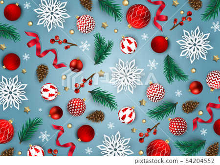 Merry Christmas and Happy New Year. Xmas Festive background with realistic 3d objects, blue and gold balls. Merry Christmas and Happy New Year. Xmas Festive background with realistic 3d objects, blue and gold balls. 84204552