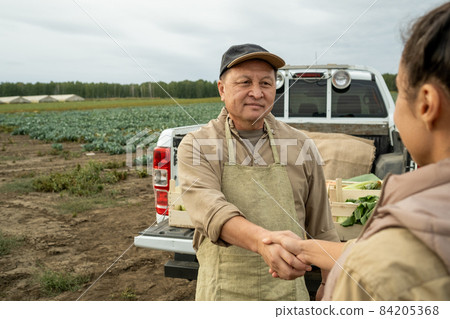 Content mature Asian farmer in cap and apron shaking hand of woman against pickup truck on plantation Content mature Asian farmer in cap and apron shaking hand of woman against pickup truck on plantation 84205368