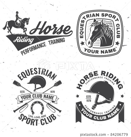 Set of Horse racing sport club badges, patches, emblem, logo. Vector illustration. Vintage monochrome equestrian label with rider and horse silhouettes. Horseback riding sport. Concept for shirt or Set of Horse racing sport club badges, patches, emblem, logo. Vector illustration. Vintage monochrome equestrian label with rider and horse silhouettes. Horseback riding sport. Concept for shirt or 84206779