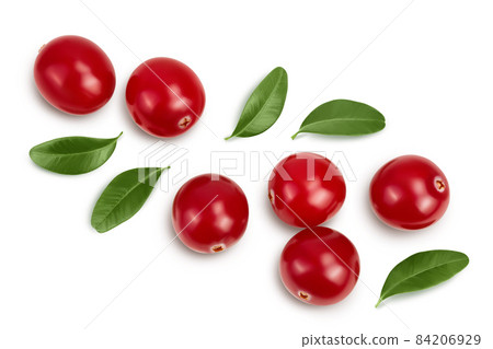 Cranberry with leaves isolated on white background with clipping path and full depth of field. Top view. Flat lay Cranberry with leaves isolated on white background with clipping path and full depth of field. Top view. Flat lay 84206929