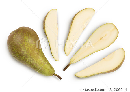 Green conference pear isolated on white background with clipping path and full depth of field, Top view. Flat lay 84206944