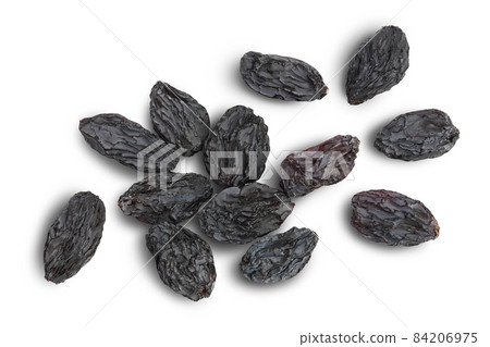 Black raisin isolated on white background with clipping path. Top view. Flat lay 84206975