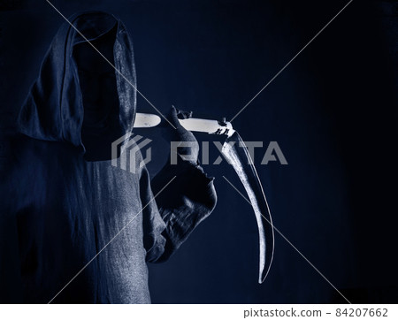 Death holding an old scythe sharp blade on shoulders of death in blue darkness fear Death holding an old scythe sharp blade on shoulders of death in blue darkness fear 84207662