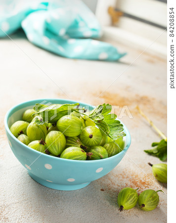 Fresh gooseberries in blue bowl. Top view. 84208854