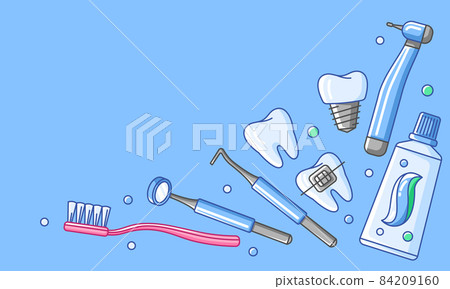Medical card with dental equipment icons. Dentistry and health care background. 84209160