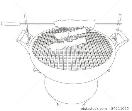 Barbecue contour with skewers and kebabs from black lines isolated on a white background. Perspective view. Vector illustration Barbecue contour with skewers and kebabs from black lines isolated on a white background. Perspective view. Vector illustration 84211025