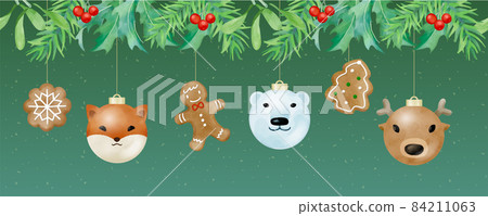 有動物吊飾與薑餅的聖誕裝飾橫幅 有動物吊飾與薑餅的聖誕裝飾橫幅 84211063
