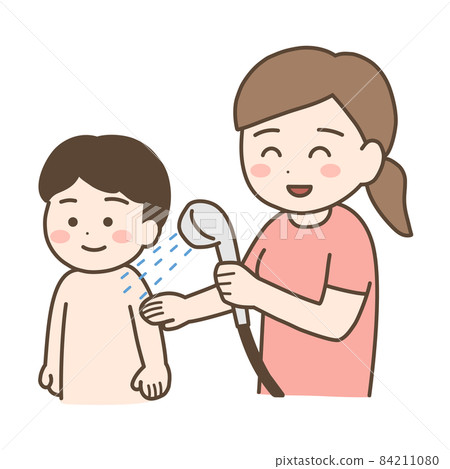 A mother who uses a shower to wash away bubbles and dirt on her child 84211080