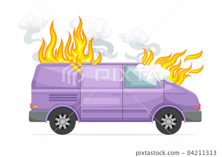 Damaged van car on fire. Car insurance case vector illustration Damaged van car on fire. Car insurance case vector illustration 84211313