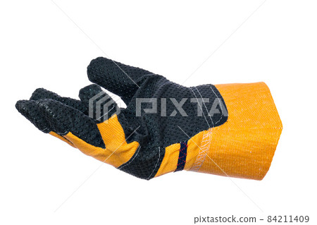 This is kind of one construction glove insulated on white background. Yellow crag with palm up 84211409