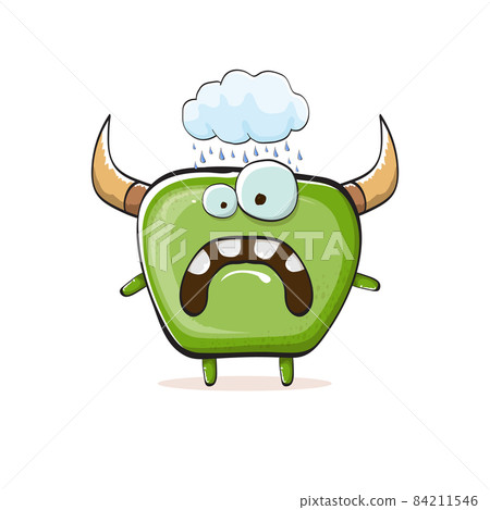 Vector cartoon funky green monster with horn isolated on white background. Smiling silly green monster print sticker design template. Ghost, troll, gremlin, goblin, devil and monster 84211546