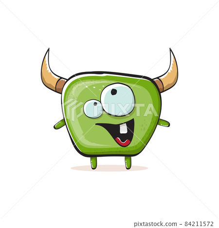 Vector cartoon funky green monster with horn isolated on white background. Smiling silly green monster print sticker design template. Ghost, troll, gremlin, goblin, devil and monster 84211572