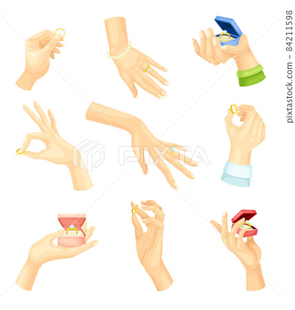 Male and female hands with golden rings set. Engagement or wedding design element vector illustration 84211598