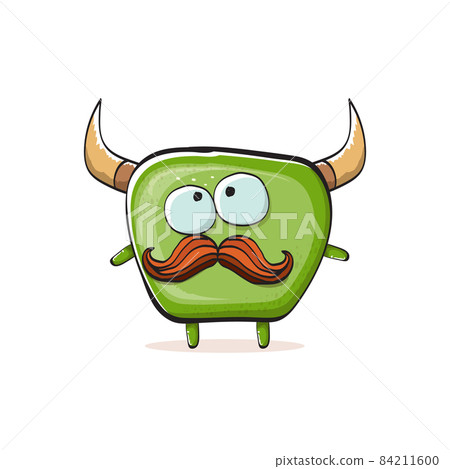 Vector cartoon funky green monster with horn isolated on white background. Smiling silly green monster print sticker design template. Ghost, troll, gremlin, goblin, devil and monster 84211600