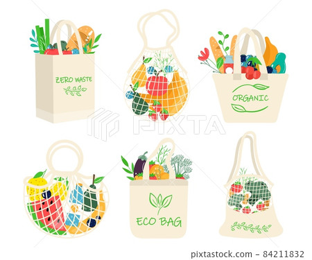 Set of eco shopping bags with vegetables, fruits and healthy drinks. Dairy food in reusable eco friendly shopper net. Zero waste, plastic free concept. Flat trendy design Set of eco shopping bags with vegetables, fruits and healthy drinks. Dairy food in reusable eco friendly shopper net. Zero waste, plastic free concept. Flat trendy design 84211832