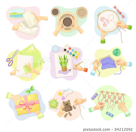 Hands creating handmade crafts set. Top view of creative work process, hobby and craft concept vector illustration 84212092