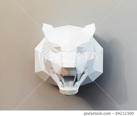 white low poly tiger head on gray background, paper animal trophy on the wall, papercraft, 3d render 84212300