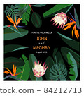 Vector vintage card. Wedding invitation. Trendy botanical illustration. Tropical leaves background, palm trees and flowers, vivid jungle foliage, protea. Hand-drawn exotic floral elements. 84212713