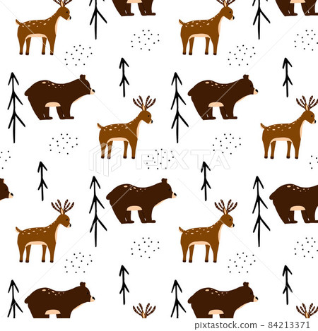Childish seamless pattern with deer and bear. Hand-drawn pattern with forest animals. Childish seamless pattern with deer and bear. Hand-drawn pattern with forest animals. 84213371