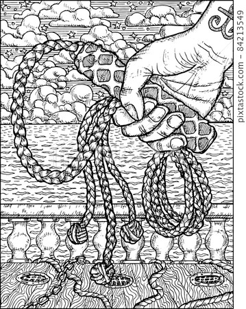 Black and white illustration with hand holding whip against the background of ship deck, ropes and sea waves. Vector vintage drawings, marine concept, coloring book page, t-shirt graphic  84213549
