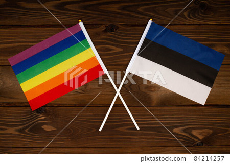 Rainbow flag LGBT and flag of Estonia on beautiful brown background with wooden texture. LGBT Pride Month. LGBTQ. LGBTQIA. Human rights concept. Close Up. Top view 84214257
