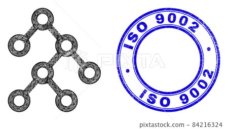 Scratched ISO 9002 Stamp Seal and Hatched Irregular Mesh Binary Structure Icon Scratched ISO 9002 Stamp Seal and Hatched Irregular Mesh Binary Structure Icon 84216324