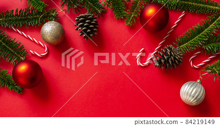Fir tree branches and Christmas decoration background material Fir tree branches and Christmas decoration background material 84219149