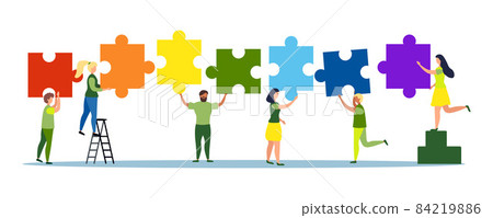 LGBT pride concept illustration. Cartoon flat tiny free LGBT characters group holding rainbow puzzle, connecting jigsaw pieces in hands, community cooperation, sexual freedom 84219886