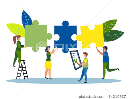 Business concept. Team metaphor. people connecting puzzle elements. illustration flat design style. Symbol of teamwork, cooperation, partnership. 84219887
