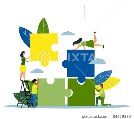 Business concept. Team metaphor. people connecting puzzle elements. illustration flat design style. Symbol of teamwork, cooperation, partnership. 84219889