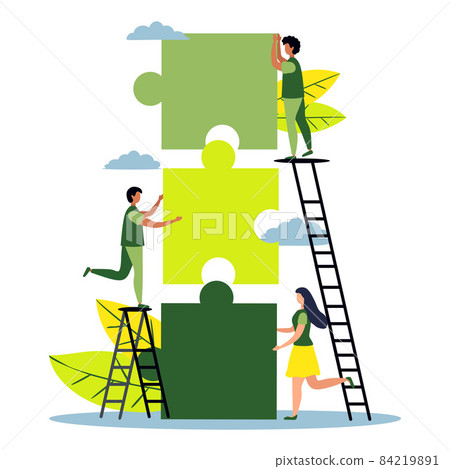 Business concept. Team metaphor. people connecting puzzle elements. illustration flat design style. Symbol of teamwork, cooperation, partnership. 84219891