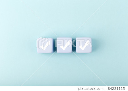Three white checkmarks on blue toy cubes in a row on bright pastel blue background with copy space Three white checkmarks on blue toy cubes in a row on bright pastel blue background with copy space 84221115