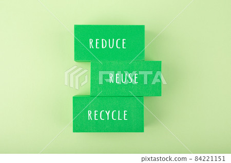 Modern composition with reduce, reuse, recycle inscription against light green background Modern composition with reduce, reuse, recycle inscription against light green background 84221151