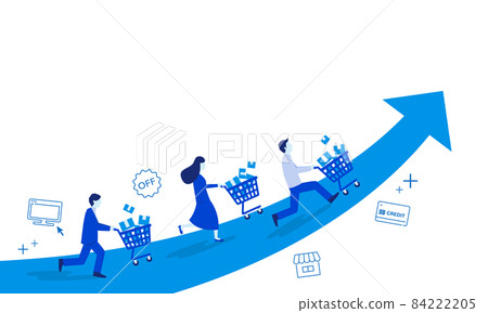 People running with carts and rising arrows, image illustrations of selling products, copy space 84222205