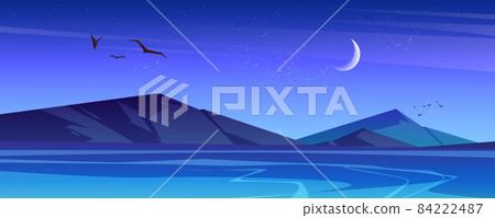 Night landscape with sea and mountains on horizon Night landscape with sea and mountains on horizon 84222487