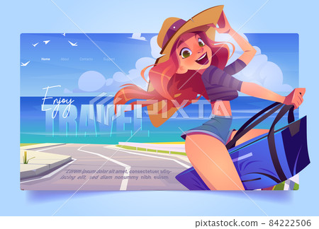 Travel banner with girl on vacation at sea shore Travel banner with girl on vacation at sea shore 84222506