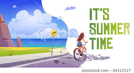 It summer time cartoon banner. Girl on bicycle 84222527