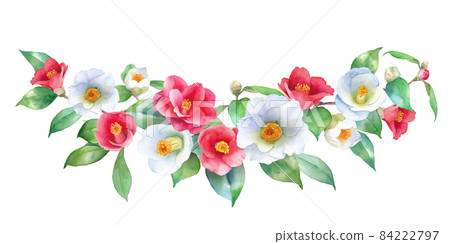 Watercolor illustration of red and white camellia. Decorative frame. Camellia japonica. 84222797