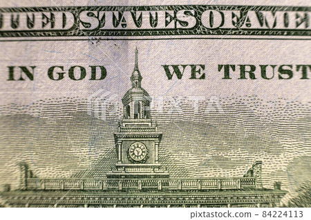 Back reserve side detail of American national currency banknote dollars bills. Symbol of wealth and prosperity. In God we trust words. Back reserve side detail of American national currency banknote dollars bills. Symbol of wealth and prosperity. In God we trust words. 84224113