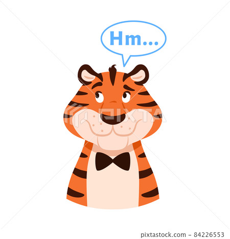 Flat happy smiling thinking striped tiger portrait isolated on white. Cute funny wild cat head. New Year 2022 Chinese symbol. Holiday animal thoughtful character with speech bubble vector illustration 84226553