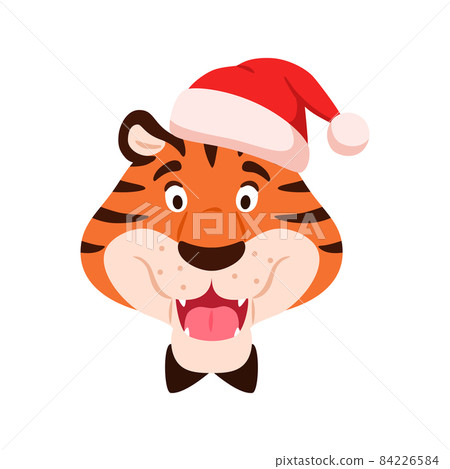 Flat talking smiling tiger face in Santa hat isolated on white background. Cute adorable cartoon wild cat muzzle. Chinese symbol of New Year 2022. Holiday orange striped character vector illustration. Flat talking smiling tiger face in Santa hat isolated on white background. Cute adorable cartoon wild cat muzzle. Chinese symbol of New Year 2022. Holiday orange striped character vector illustration. 84226584