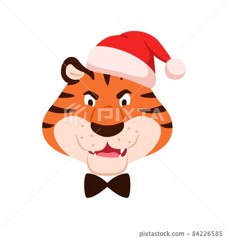 Cartoon angry roaring tiger muzzle in Santa hat isolated on white background. Cute dissatisfied wild cat head. Chinese symbol of New Year 2022. Holiday animal character flat face vector illustration. Cartoon angry roaring tiger muzzle in Santa hat isolated on white background. Cute dissatisfied wild cat head. Chinese symbol of New Year 2022. Holiday animal character flat face vector illustration. 84226585